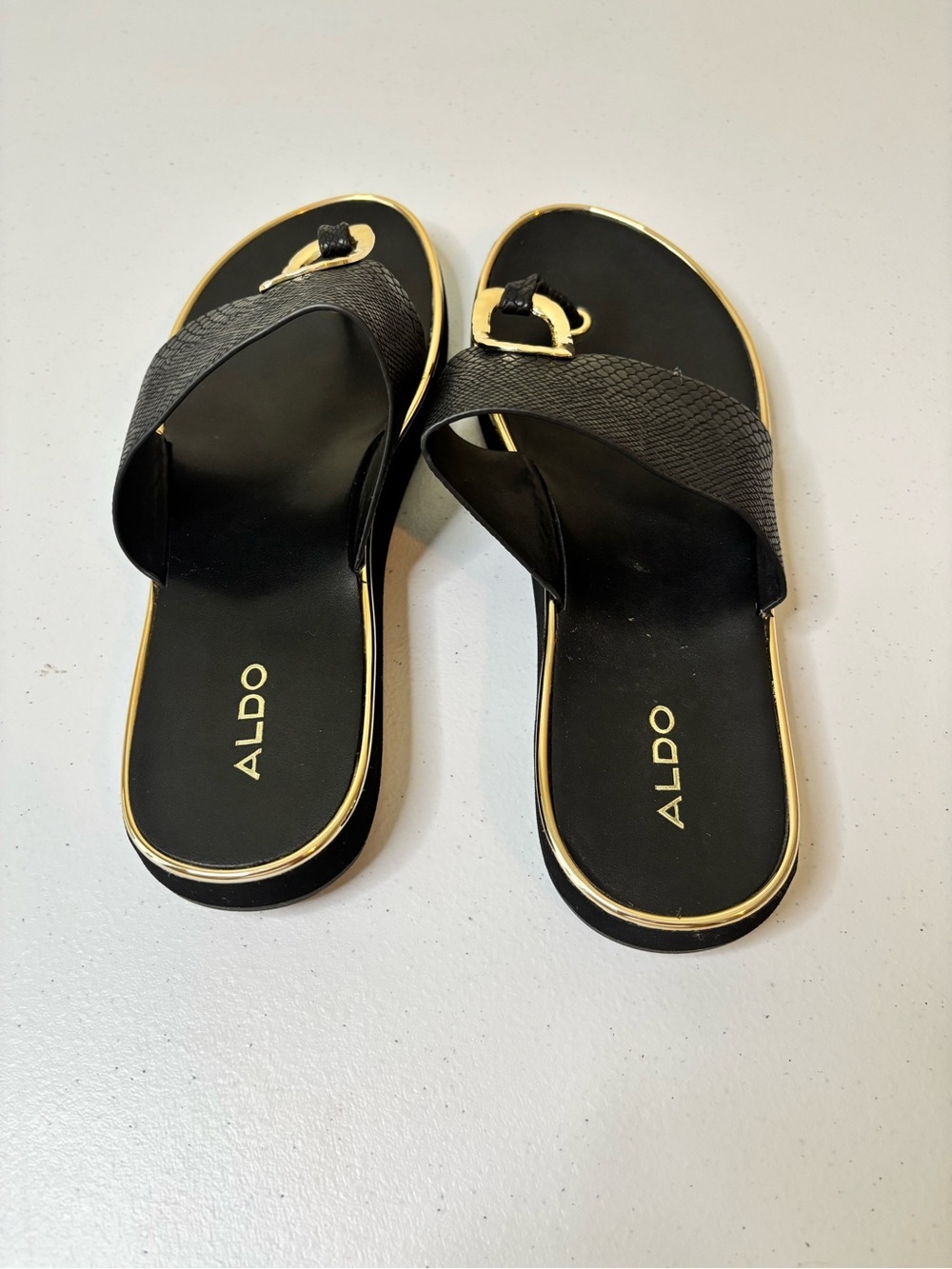 ALDO Black Slide Sandals with Gold Buckle Detail - Picture 3 of 5